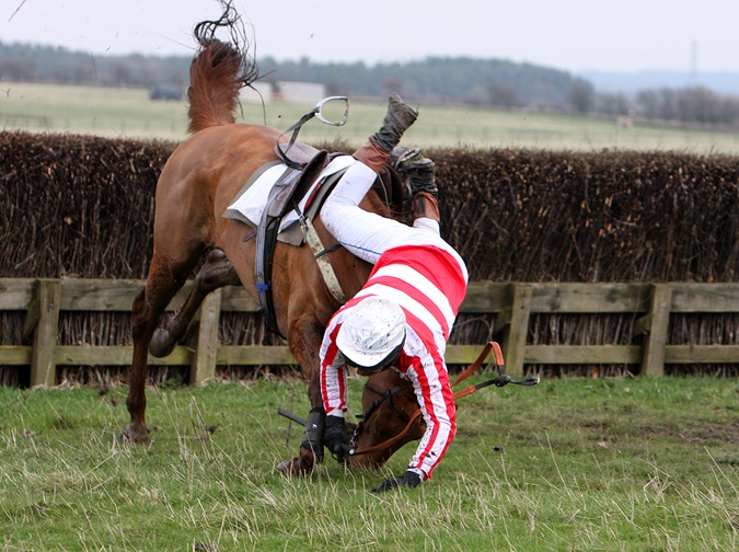 Horse suffering a fall whilst jumping a fence